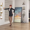 A Woman Posing in Black Blazer Dress Against Golden Grid and Oil Painting