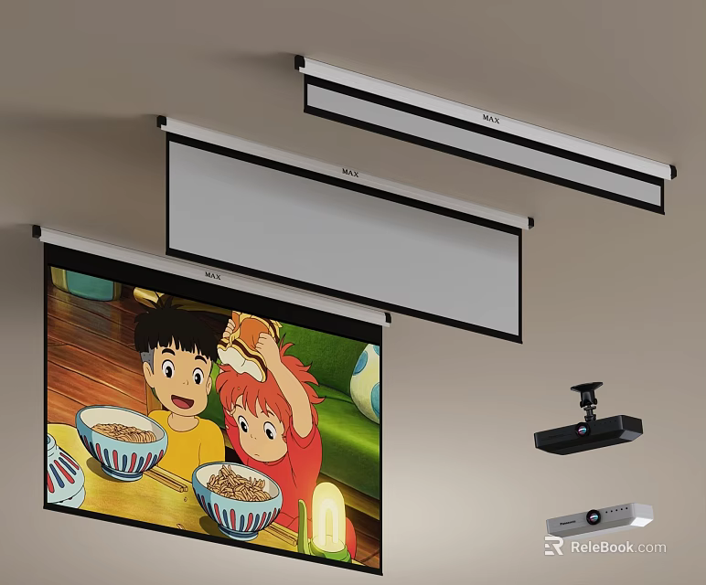 Projection Monitoring System With Multiple Ceiling Mounted Screens And Projector Units For Indoor Use 3d model 