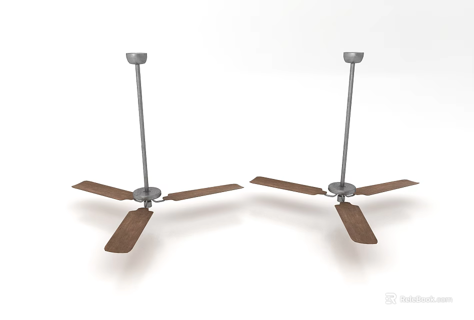 Two Ceiling Mounted Air Conditioning Fans With Wooden Blades And Metal Poles 3d model 
