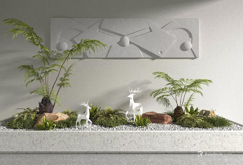 Garden Ornament Display With Fern Plants White Deer Statues Stone And Gravel Decor 3d model 