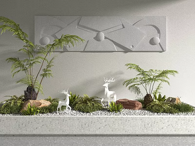 Garden Ornament Display With Fern Plants White Deer Statues Stone And Gravel Decor 3d model