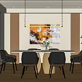 Restaurant Interior With Dining Table Chairs Pendant Lights Wall Painting And Window