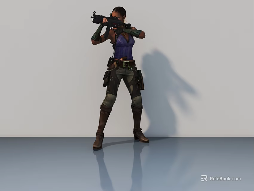 Female Game and Movie Character Holding Rifle Wearing Purple Top Brown Boots and Tactical Gear 3d model 