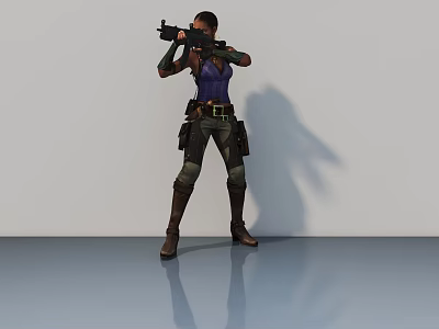 Female Game and Movie Character Holding Rifle Wearing Purple Top Brown Boots and Tactical Gear 3d model
