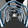 Modern Exhibition Hall With Geometric White Structures Blue Accents Display Screens And Booths