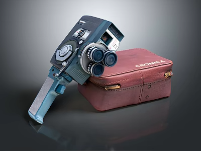 Vintage Digital Video Camera With Classic Design And Red Leather Storage Case 3d model