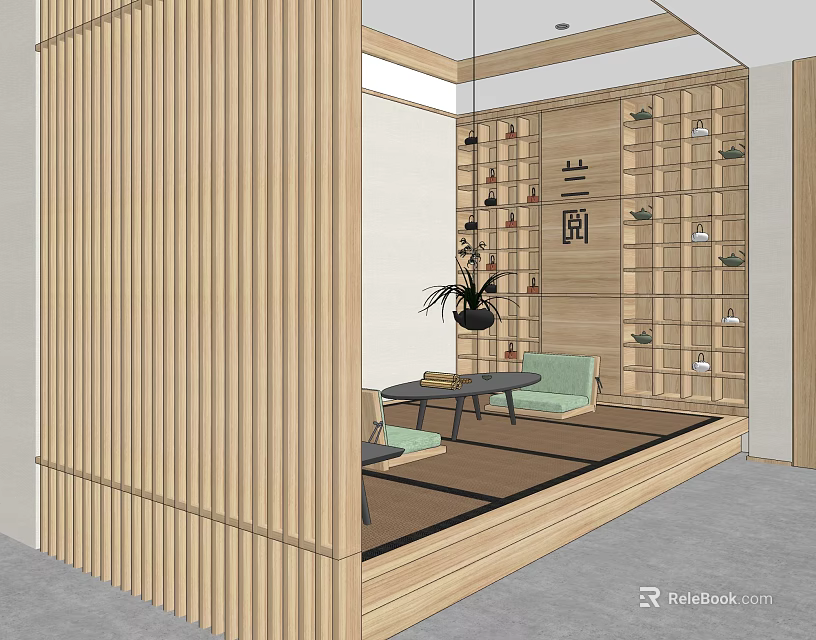 Modern Hotel Guest Room Interior Design With Wooden Partition Seating Area And Coffee Table 3d model 