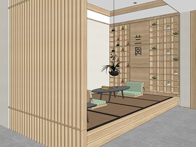 Modern Hotel Guest Room Interior Design With Wooden Partition Seating Area And Coffee Table 3d model