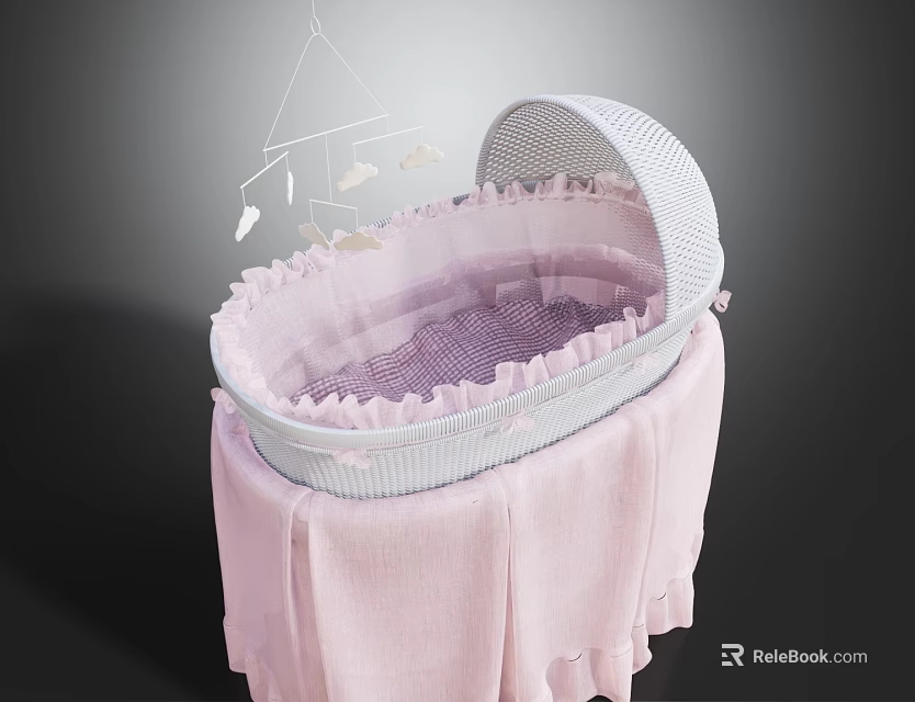 Baby Bassinet With Pink Fabric Canopy And Top Mobile Bird Decorations 3d model 