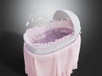 Baby Bassinet With Pink Fabric Canopy And Top Mobile Bird Decorations 3d model