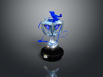 Decorative Silver Trophy Inspired Furniture With Blue Accents And Black Base 3d model