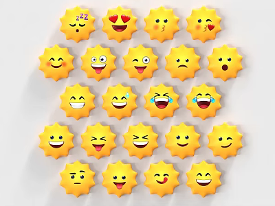 Yellow Smiley Face Wall Decor with Various Expressions Like Sleeping Heart and Winking 3d model