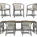 Modern Wicker Armchair And Wooden Table Dining Set With Metal Frame