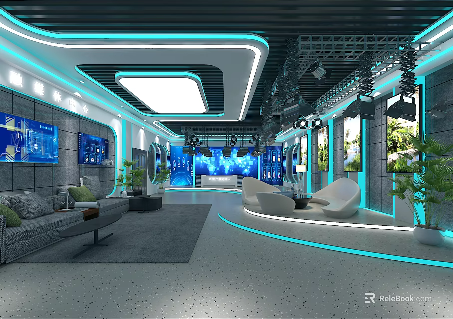 Modern School Interior Space With Blue Lighting Sofa Round Seats Large Screens And Green Plants 3d model 