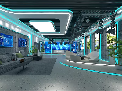 Modern School Interior Space With Blue Lighting Sofa Round Seats Large Screens And Green Plants 3d model