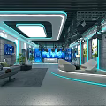 Modern School Interior Space With Blue Lighting Sofa Round Seats Large Screens And Green Plants