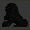 Traditional Black Stone Lion Statue With Intricate Mane Clawed Paws And Ornamental Ball