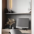 Modern Desk With Computer Monitor Gray Chair Decorative Vase Dried Pampas Grass And Wall Clock