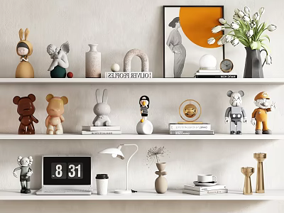 Decorative Ornament Set with Animal Figurines Vases Books and Table Lamp on Shelves 3d model