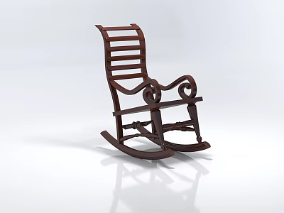Vintage Wooden Rocking Chair With Slatted Back And Curved Carved Armrests 3d model