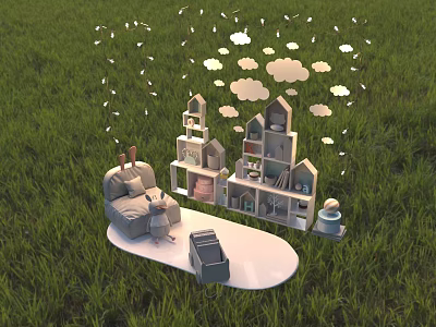 Cute House Storage Shelf On White Platform With Gray Sofa And Cloud Decorations In Grassland 3d model