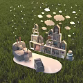 Cute House Storage Shelf On White Platform With Gray Sofa And Cloud Decorations In Grassland