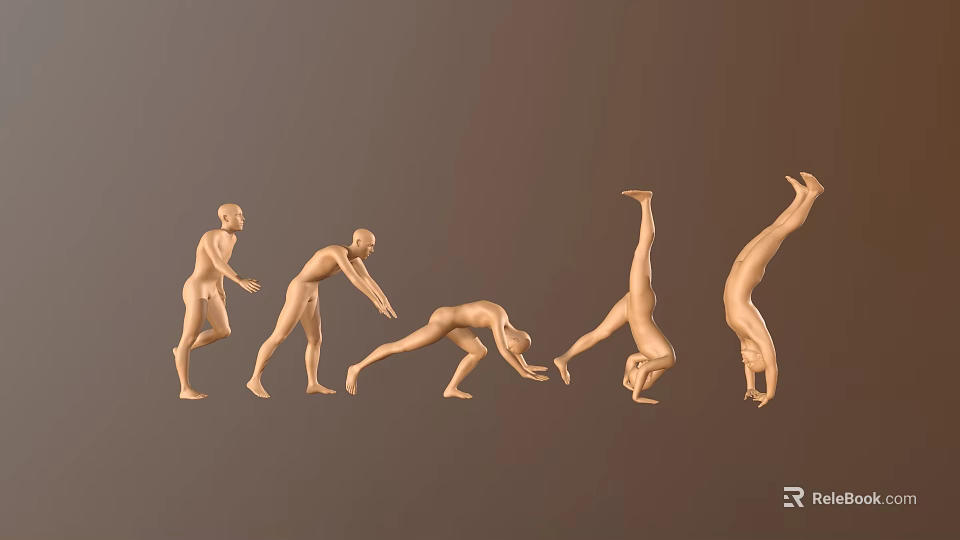 Set Of Golden Human Sculptures In Various Poses From Standing To Handstand 3d model 