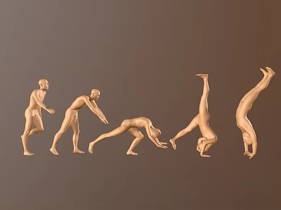 Set Of Golden Human Sculptures In Various Poses From Standing To Handstand 3d model
