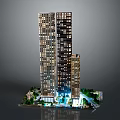 Modern Office Towers With Contemporary Architectural Design Surrounded by Landscaped Greenery and Lighting