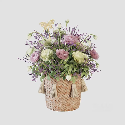Wicker Basket Vase With Purple Pink Yellow Flowers And Butterfly Decoration Tassels 3d model