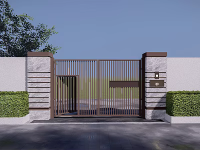 Modern Metal Entrance Gate With Vertical Slats Stone Pillars And Green Bushes 3d model