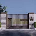 Modern Metal Entrance Gate With Vertical Slats Stone Pillars And Green Bushes