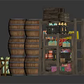 Wooden Storage Racks With Stacked Barrels And Colorful Boxes Bottles