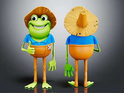 Cartoon Frog Character With Straw Hat Blue Shirt Orange Pants Front Back View Design 3d model