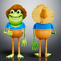 Cartoon Frog Character With Straw Hat Blue Shirt Orange Pants Front Back View Design