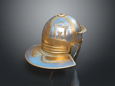 Ancient Metallic Helmet with Gold Blue Finish Carved Decorative Design Historical Weaponry Gear 3d model