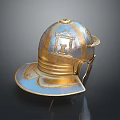 Ancient Metallic Helmet with Gold Blue Finish Carved Decorative Design Historical Weaponry Gear