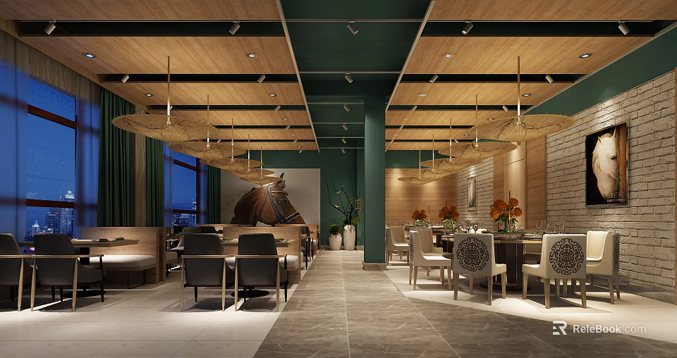 Elegant Restaurant Interior With Wooden Ceiling Green Walls Rattan Pendant Lights And Dining Seating 3d model 
