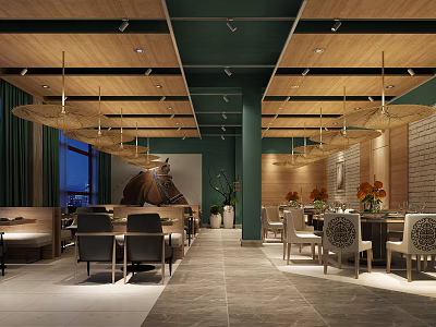 Elegant Restaurant Interior With Wooden Ceiling Green Walls Rattan Pendant Lights And Dining Seating 3d model