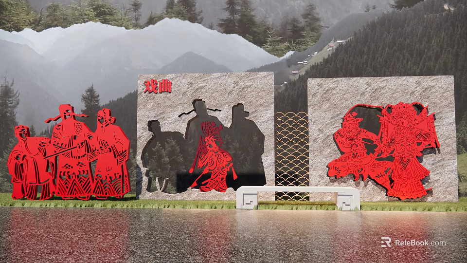 Garden Landscape Featuring Red and Black Opera Character Silhouettes on Stone Backdrop with Mountainous Background 3d model 