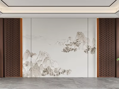 Chinese Style Living Room Background Wall With Ink Landscape Paintings 3d model