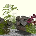 Natural Garden Plant Combination With Ferns Red Leaf Plants Rocks Grass Pebbles And Stone Slab
