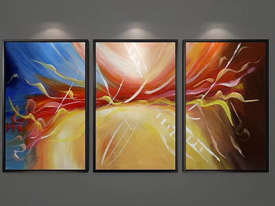 Abstract Paintings With Black Frames Hanging On Gray Wall With Blue Red Yellow Flowing Lines 3d model
