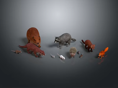 Detailed Small Wild Animal Character Models With Beaver Raccoon Fox And Hedgehog 3d model