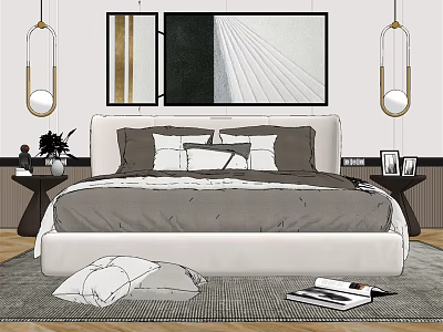 Modern Double Bed With Headboard Cushions Wall Art Hanging Lamps And Nightstands On Rug 3d model