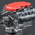 Highly Detailed Automotive Engine With Red Top Cover And Silver Metallic Components