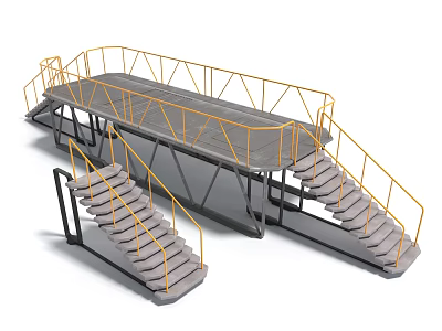 Industrial Metal Stairs With Yellow Handrails And Platform Structure Design 3d model