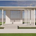 Modern White Pergola With Slatted Design Among Green Trees And Lawn Area