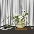 Terracotta Vase With Fresh White Flowers On Stacked Books By White Curtain