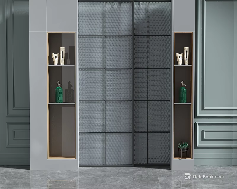 Modern Decorative Cabinet With Grid Panel And Open Shelves Showcasing Green Bottles And Decorative Items 3d model 